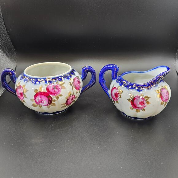 Vintage Porcelain Rose Creamer Sugar Set Blue Gold Gilt Accents - Picture 2 of 10